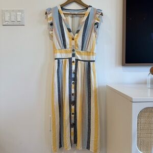 Blue and Yellow Striped Sleeveless Midi Dress